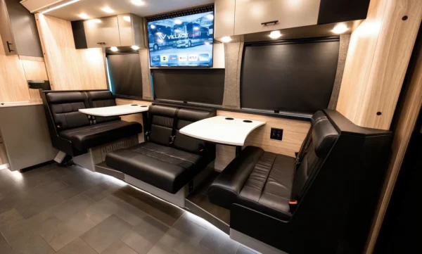Astro tour bus coach front lounge with facing black leather dinette booths, white tables and a wall-mounted smart TV