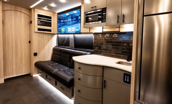 Galley kitchen inside the Astro tour bus with curved quartz counter, sink, microwave, stainless refrigerator and leather side seating